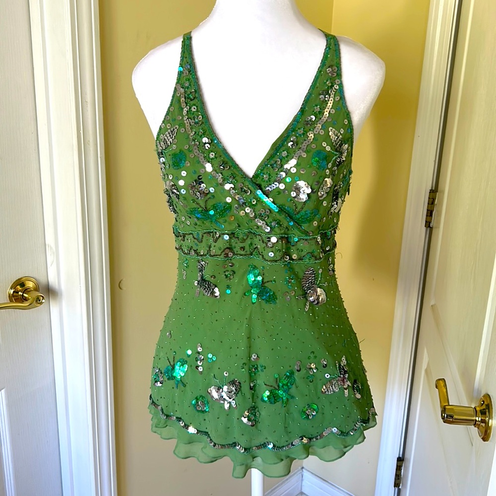 Bebe, size large, sparkly beautiful green top!